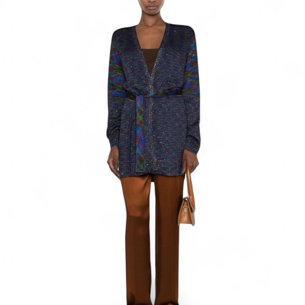 Missoni longline multicolor blue knit tie cardigan sweater sequin NWOT